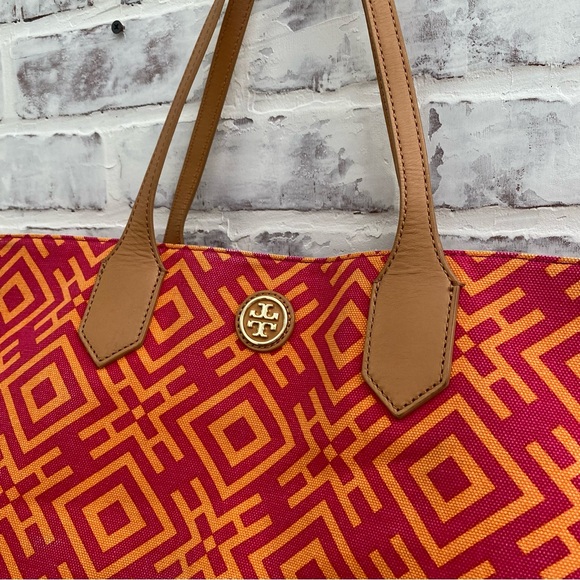 Tory Burch • Large Geometric Canvas Tote • Orange & Pink - Picture 3 of 14